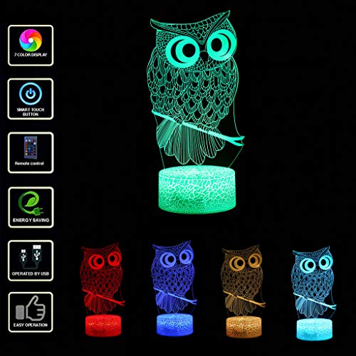 Preisvergleich Produktbild samLIKE Nachtlicht 3D Eule Illusion Schreibtischlampe LED Optische Cute Nachtlichter mit Fernbedienung Tisch Zuhause Dekor Acryl Panel 7 Farbwechsel USB Tischlampe für Kinder (Weiß Base)
