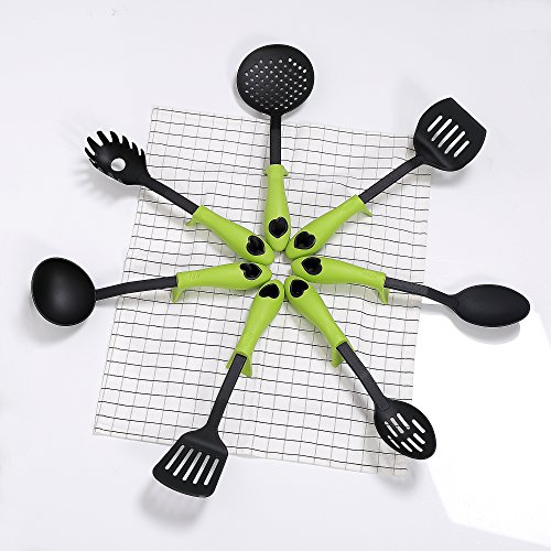 Ambrosya® | Funktionales Küchenhelfer-Set aus 7 Teilen | Kelle Kochgeschirr Kochset Küchenset Küchenutensilien Löffel Nudelzange Pastaheber Pastalöffel Pfannenwender Schöpfkelle Zange (7 Teile, Grün) - 4