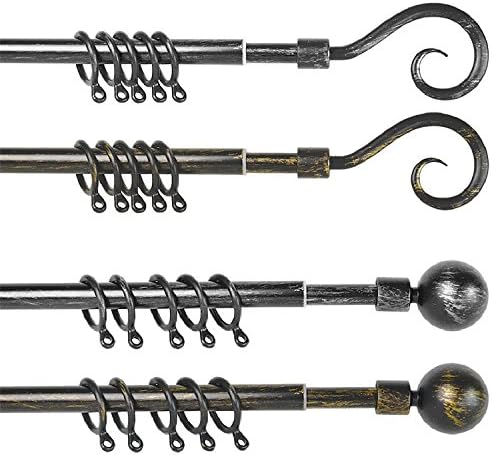 DISTRESSED BLACK/SILVER/GOLD EXTENDIBLE CUTAIN POLE - BALL/CURL - MANY SIZES (70cm - 120cm, Black/Gold - CURL)