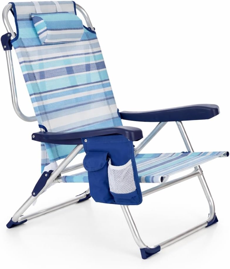 ARW - Silla de Playa Plegable con Bolsillo Lateral, 5 Posiciones Reclinables, Estructura de Aluminio Ligera, Cojín Reposacabezas, Asas Mochila y Cierre Clic, Soporta 110 kg (Rayas Azules 1 Unidad)