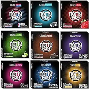 NOTTY BOY Condoms Mixed Honeymoon Pack - Ribbed, Dotted, Extra Time, Extra Thin, Lubricated, Apple, Strawberry, Chocolate (9 Packs, 27 Pieces)