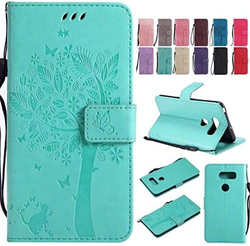 For LG V30 Case, Ougger Premium PU Leather Flip Stand Wallet Cover Magnetic-Buckle Protective Soft TPU Bumper Case for LG V30 with Card Slot, Cat &amp; Tree (Green)