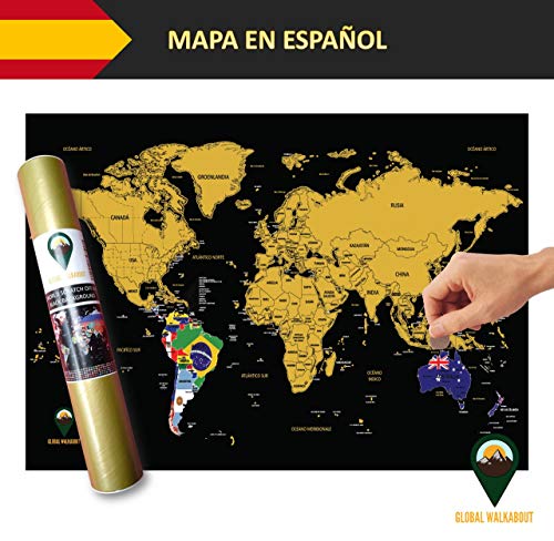 Global Walkabout Español - Mapa de Raspaditos con Fondo de Banderas - Cartel de Lujo del Mapa Mundial - Países y hechos - Regalo de viaje - Recorrido Mundial (Blanco o Negro)