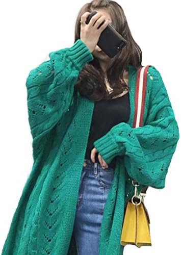 VANHARA Ladies long line Chunky knit cardigan sweater womens twist cable knitted warm cardigans coat with balloon sleeve for women, fall, winter (Green)