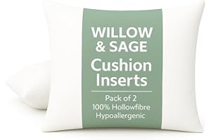 Willow & Sage Cushion Inserts 45cm x 45cm (18"x18") – Hypoallergenic Hollow Fibre Cushion Pads with Polypropylene Covers – White Square Pillow Stuffers for Sofa & Bedroom (Pack of 2)