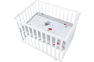 roba Parc Bébé Rectangulaire en Bois 75 x 100 Adam & Eule + Tapis de Parc Bébé et Roues avec Freins - Base Ajustable en Hauteur - Blanc