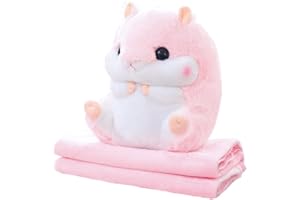 Muziri Kinokoo - Coperta felpata con cuscino in peluche a forma di criceto, per TV, divano, ufficio, pisolino; coperta pieghevole con peluche, morbida, rosa