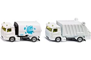 siku 1687, Lot de Véhicules Municipaux: Balayeuse et Camion Poubelle Faun, Voitures-jouets, métal/plastique, blanc/bleu, Structure et Benne à ordures basculantes