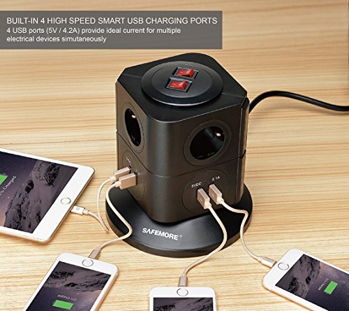 SAFEMORE Multipresa Ciabatta Elettrica con 4 Porte USB e 6 prese Elettriche EU con protezione termica per sovratensione. Le Porte USB per la Ricarica Supportano PC,Smartphone,Android Dispositivi (Nero + Nero, 4 USB & 6 Prese)
