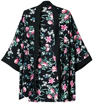 guangzhouyucui 2018 Vintage Lady Ethnic Floral Print Chiffon Kimono Cardigan Jacket Coat Outwear Black