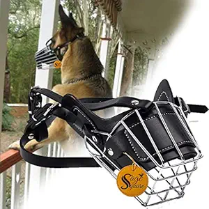 Sage Square Adjustable Strap Iron Wire Muzzle, Mouth Cover, Basket Cage, Pet Safety Collar for Anti Biting Dog (Black) (Large)