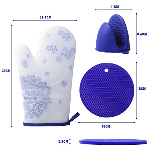 Ofenhandschuhe Und Topflappen Schürze Silikon, Backhandschuhe 2er Set, Doppelt Hitzebeständig, Gummi Grillhandschuhe Profi, Weiß Hellblau Design Blumen, Waschbar, Hochwertig - 4