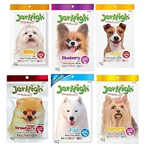 JerHigh Real Chicken Food Treat Milk, Blueberry, Liver, Strawberry, Fish, Banana Flavor 6 Pack Combo Set 70g for Dogs