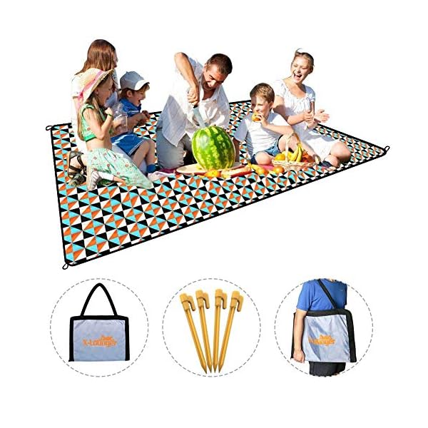 Picnic Beach Blanket Mat with Waterproof Sandproof Backing 2018 New Large Lightweight Foldable As Backpack with Handle to Carry Toy Polyester Beach Rug with 4 Loops for 6 Adults Outdoor Camping Hiking