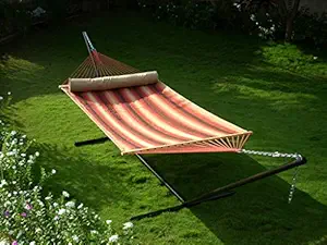 OAK N OAK Two Person Quilted Hammock with 15Ft Steel Stand - Terracotta Stripe