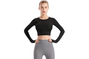 Hanyomo Donne Fitness Senza Cuciture Maniche Lunghe Cime di Coltura Allenamento Yoga Palestra Running Foro Pollice Camicie