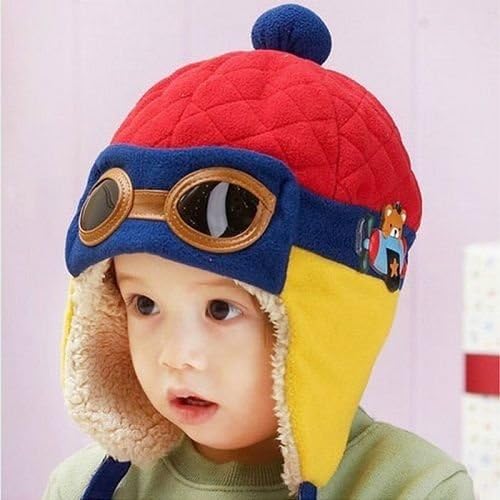 Winterplane Unisex Winter Hat Warm Cap Hat Beanie Pilot Aviator Crochet Earflap Hats (Red/Navy Blue/Yellow)