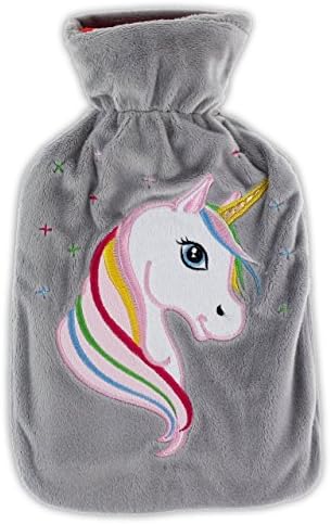 Rainbow Mane Applique Unicorn 1L Soft Fleece Hot Water Bottle &amp; Cover (Grey)