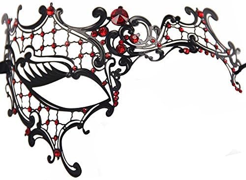 Signstek Laser-Cut Metal Schwarz venezianischen Maskerade-Maske für Frauen mit Kristallen Halbaugenmaske (schwarz mit Rotstraß)