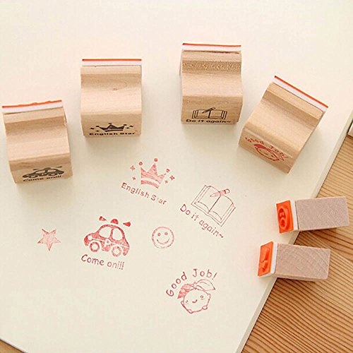?HuntGold 15 Stück Cartoon Holz Mini Stempel Lehre Kommentare Ermutigen Kinder Briefmarken - 7