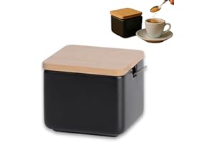 KOOK TIME Zuccheriera Formaggiera quadrato in Ceramica con Coperchio in Legno di bambù e cucchiaino da Zucchero in Acciaio Inossidabile, per Casa e Cucina, sirve per Zucchero, Formaggio, spezie (Nero)