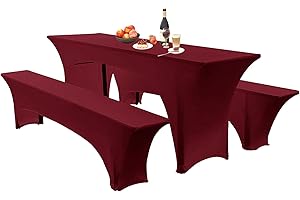 SHUOJIA Elastische Hussen Für Bierzeltgarnitur Biertischhussen Bierbank-Auflage & Tischdecke 50 cm Oder 70 cm Tischbreite, 3 TLG Set Stretch Hussen Für Festzeltgarnituren Bierbank (70cm,Dark Red)