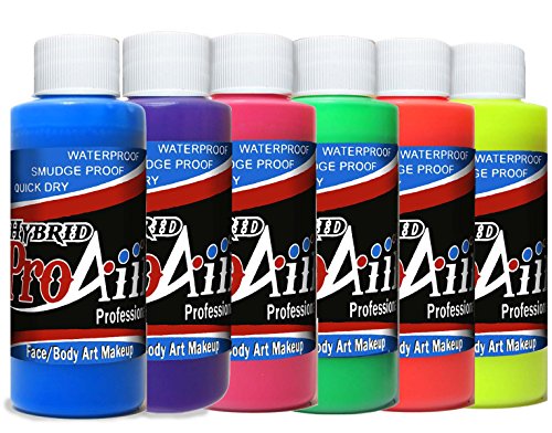 ProAiir Waterproof Hybrid Face and Body Art Paint Sets - Flo 6 (UV/Flourescents), 1oz (30ml) Bottles
