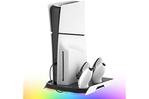 NITHO Support PS5 avec Ventilateur de Refroidissement et Double Manette PS5/Edge Chargeur, Support Vertical Multifonction Compatible avec PS5/Pro/Slim, avec Hub USB et Éclairage RGB - Accessoires PS5