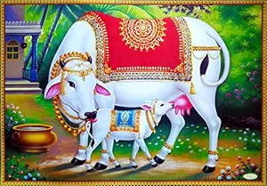 PAPER PLANE DESIGN Hindu Religious Kamdhenu Cow with Calf Unframed Wall Poster (Paper, 12 x 18 inch, Multicolour), multicolor