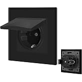 BSEED Wall Plug with Waterproof Cover,1 Gang Schuko Socket with Clamp,Recessed Plug with Glass Plate,16A Recessed Socket,Blac
