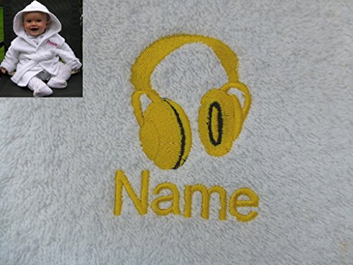 Baby Bath Robe with a Headphones Logo and Name of your choice. 0-9 months, 450gsm