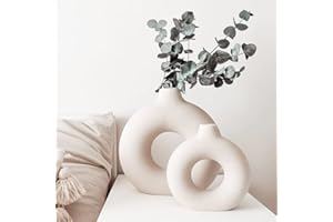 AUHOU - Set di 2 vasi decorativi in ceramica, per decorazione della casa, decorazione per la casa, decorazione della tavola, fiori secchi, vaso beige, vaso a ciambella, decorazione per soggiorno,