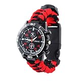 Outdoor Survival Uhren Militär Herrenuhren Arabische Ziffern Dekorative Sub-Dials Kompass Thermometer Paracord Seil Armband Handgewebt Armbanduhren für Herren, Rot Schwarz