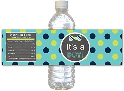 30 Water Bottle Labels Waterproof Baby Boy Shower Green Teal Bowtie Wrappers