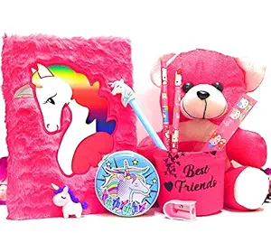 Le Delite Unicorn Fur Diary/Unicorn Diary for Girls Kids/Diary with Pen/Cute Diary for Girls,Soft Toy Pen Stand, Unicorn Stationery (Pen+Eraser)+Stationery Set (1scale+2pencils+1 Sharpener+1eraser)