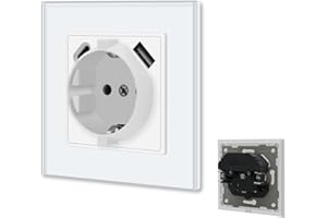 BSEED Enchufe de pared con puertos USB(tipo C y tipo A 2,1 A total),Blanco Simple Schuko Enchufe con clips,16A 250V Enchufe de pared con 2 x cargadores USB y Tipo C adecuado para Smartphone MP3 Tablet