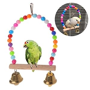 Tandou – Hamaca de Madera Natural para pájaros, Perca, Loros para Colgar, Jaula de Columpio con Cuentas de Colores