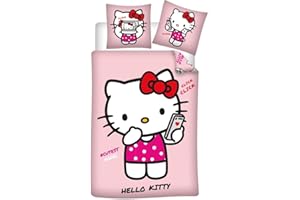AYMAX Parure de Lit Hello Kitty Rose Réversible, Housse de Couette 140x200 cm + Taie d'oreiller 65x65 cm, Polycoton