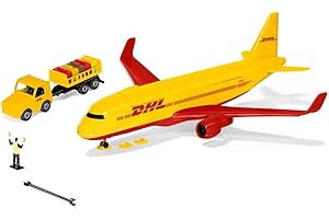 siku 1702, DHL Samolot towarowy z tworzywa sztucznego z akcesoriami, Czerwony/Żółty, Zabawkowy model, W komplecie wózek towarowy, drążek holowniczy, klocki hamulcowe i kontroler lotu