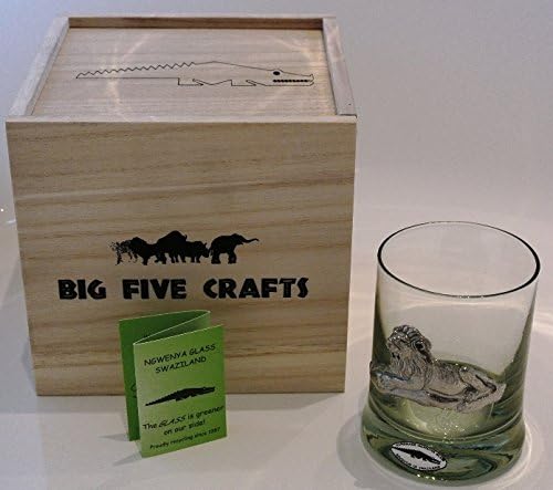 Fair Trade Ngwenya Recycled Glass and Pewter Whisky Glass in wooden box- Lion design