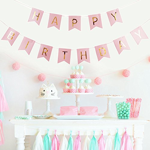 HAPPY BIRTHDAY Girlande Set Geburtstag Dekoration Seidenpapier Pompoms Rosa Folie Spirale Deko von SUNBEAUTY (Rosa) - 8