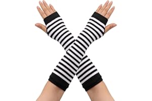 Andiker Damskie rękawiczki bez palców z długim rękawem, rozciągliwe w paski, ocieplacze na kciuk, czarny i biały, jeden rozmiar