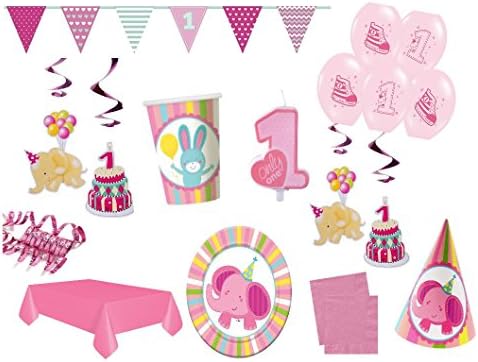 1st Birthday Pink Elephant Children's Birthday Party Decoration XXL Set for 12 People Pink Girls Complete Party Supplies Pack