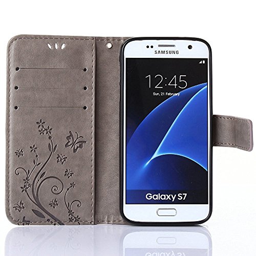 Funda Samsung Galaxy S7 Carcasas para Samsung Galaxy S7 EMAXELERS Funda Piel para Samsung Galaxy S7 Samsung Galaxy S7 Lujo Caso Funda Cuero para Samsung Galaxy S7 Soporte Plegable  Ranuras para Tarjetas y Billetes  Estilo Libro  Acceso a Botones  Cierre Magn  tico Carcasas Samsung Galaxy S7 Gray Butterfly