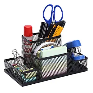 Virag Desk Organizer Compartment Metal Mesh Stationery Accessories Storage Stand Caddy Pen, Pencil Holder for Office, Home, and Study Table Supplies Gift | Color-Black | (Desk Organiser-4 Compartment)