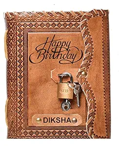 RJKART Handcrafted Leather Cover Happy Birthday Diksha Embossed Writing Diary Notebook Doodle Journal Planner Unruled Smoooth White Paper Sheets 200 Pages Notepad Sketchbook Personal Diaries for Men and Women - Brown