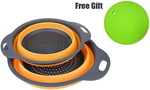Collapsible Colander - NEWYANG 2 Pcs Kitchen Foldable Silicone Strainer Includes 1 PCS Non-Slip Silicone Pad, Kitchen Strainer for Food, Fruit, Vegetable (Orange)