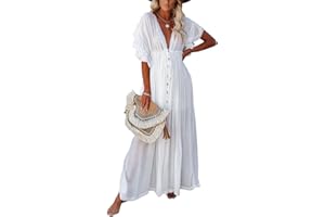 HUXRAKV Casual Vestiti Lungo da Spiaggia Donna Scollo a V Boho Copricostumi Vestito con Tasche Mare Abito Maxi Estivo Camicia da Sole per Vacanze
