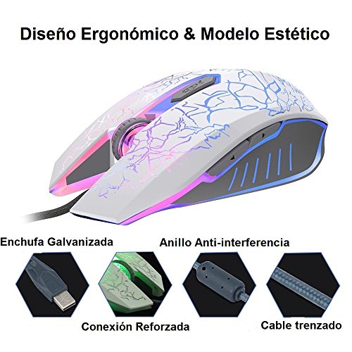 VersionTECH  Rat  n Gaming con Cable hasta 2400 DPI Rat  n Ergon  mico   ptico para Juegos con 7 Colores Luz LED 6 Bot  n Gaming Mouse Wired para PC Ordenadores Port  til Mac Blanco 