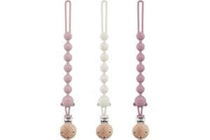 DOUUCO 3er-Pack Schnullerkette Aus Silikon, Schnullerkette Mädchen und Mit Namen Junge, Geeignet für Baby, Hält Schnuller Sauber, Weiche Flexible BPA Frei Langlebig–Hohe Robustheit Mandel Rose Flieder